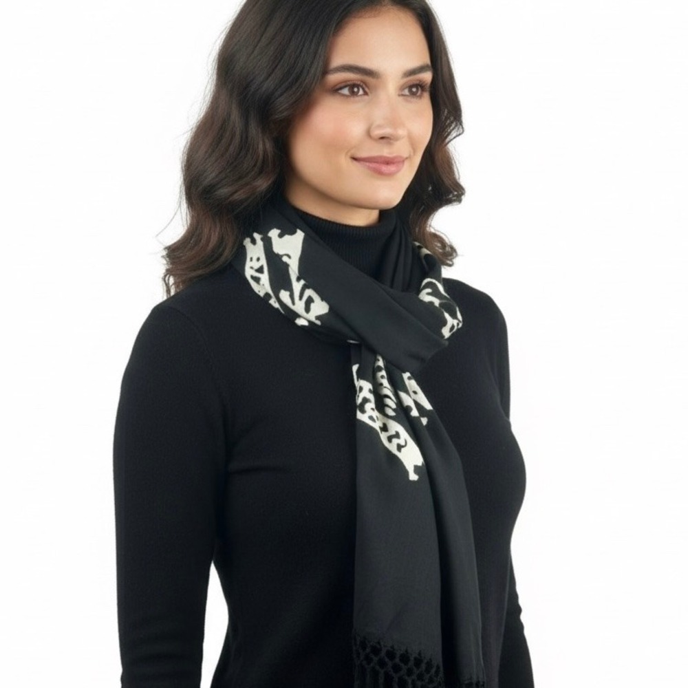 Ramin Rectangle Scarf Tribal Batik Pattern Knot Fringe Black White Art to Wear